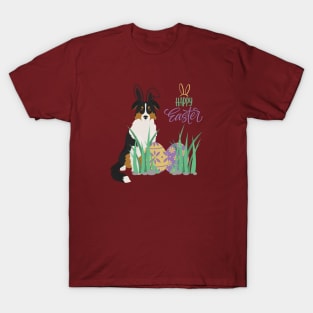 Tricolor Australian Shepherd Dog with Bunny Ears and Happy Easter with Egg T-Shirt